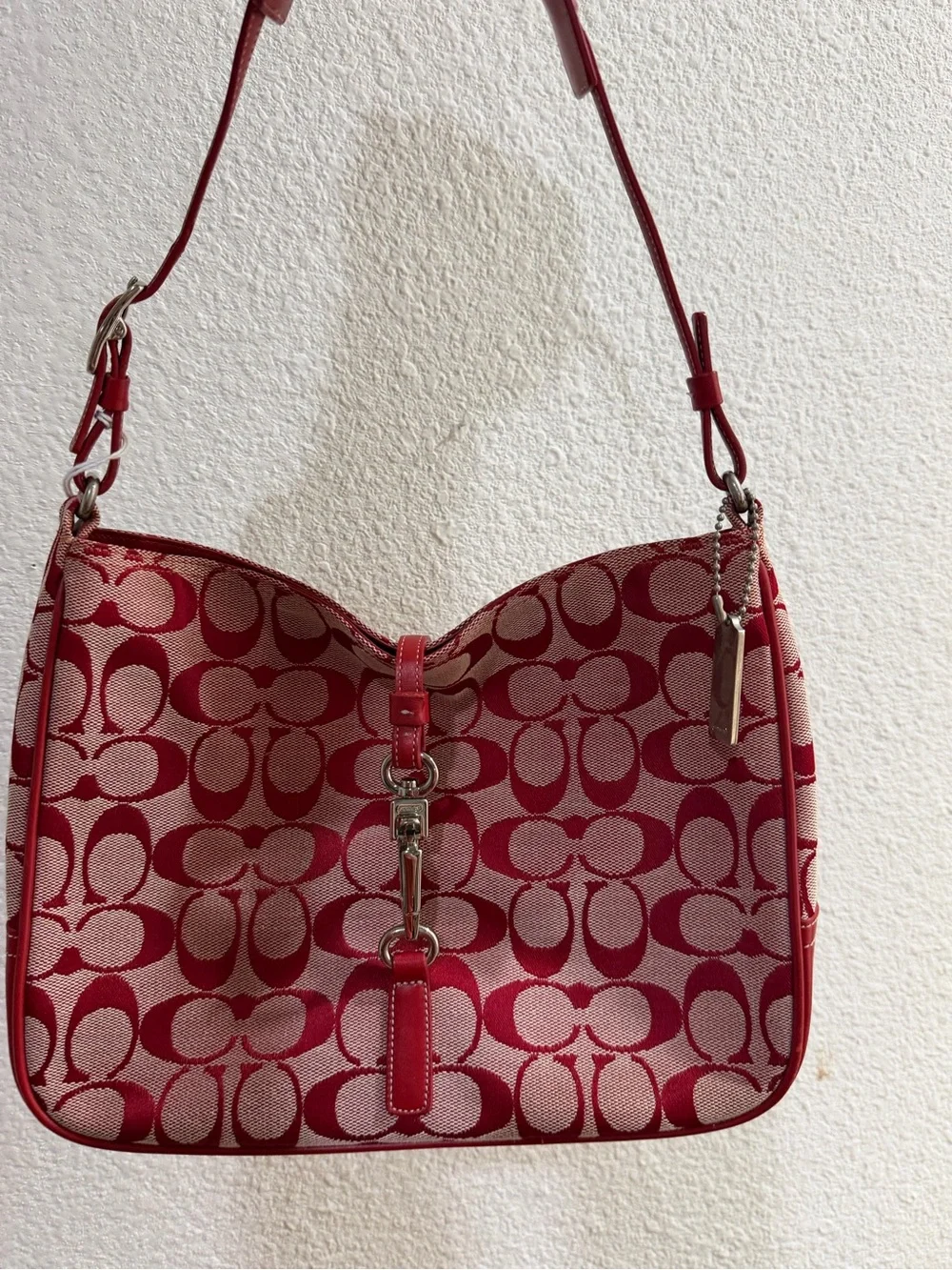 Coach Pink and Red Signature Jacquard Shoulder Bag
